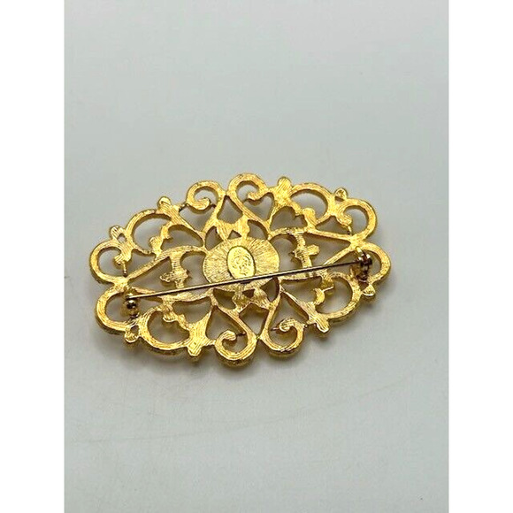 Vintage Scrolled Gold Tone Brooch with Faux Pearl Oval Brooch Pin - Picture 9 of 12